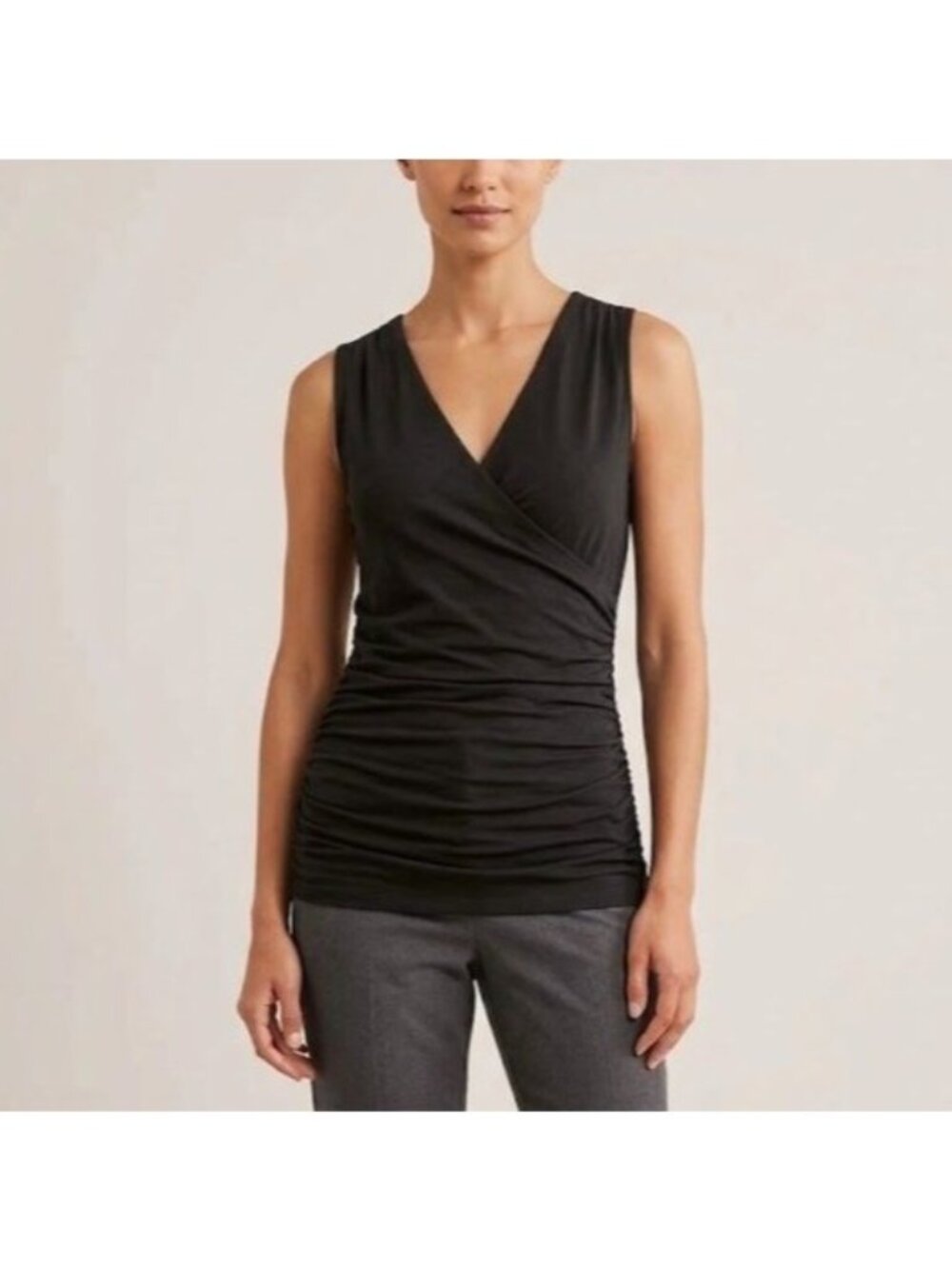 Boden Size 8 Black Ponte Knit Sleeveless Ruched Surplice V-Neck Faux Wrap Top